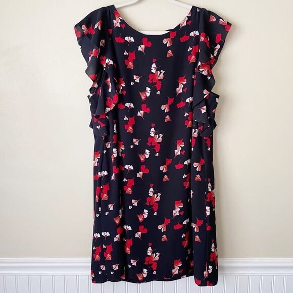 Banana Republic | Floral Shift Dress Flutter Sleeves Black Red Size 14 - Picture 2 of 7